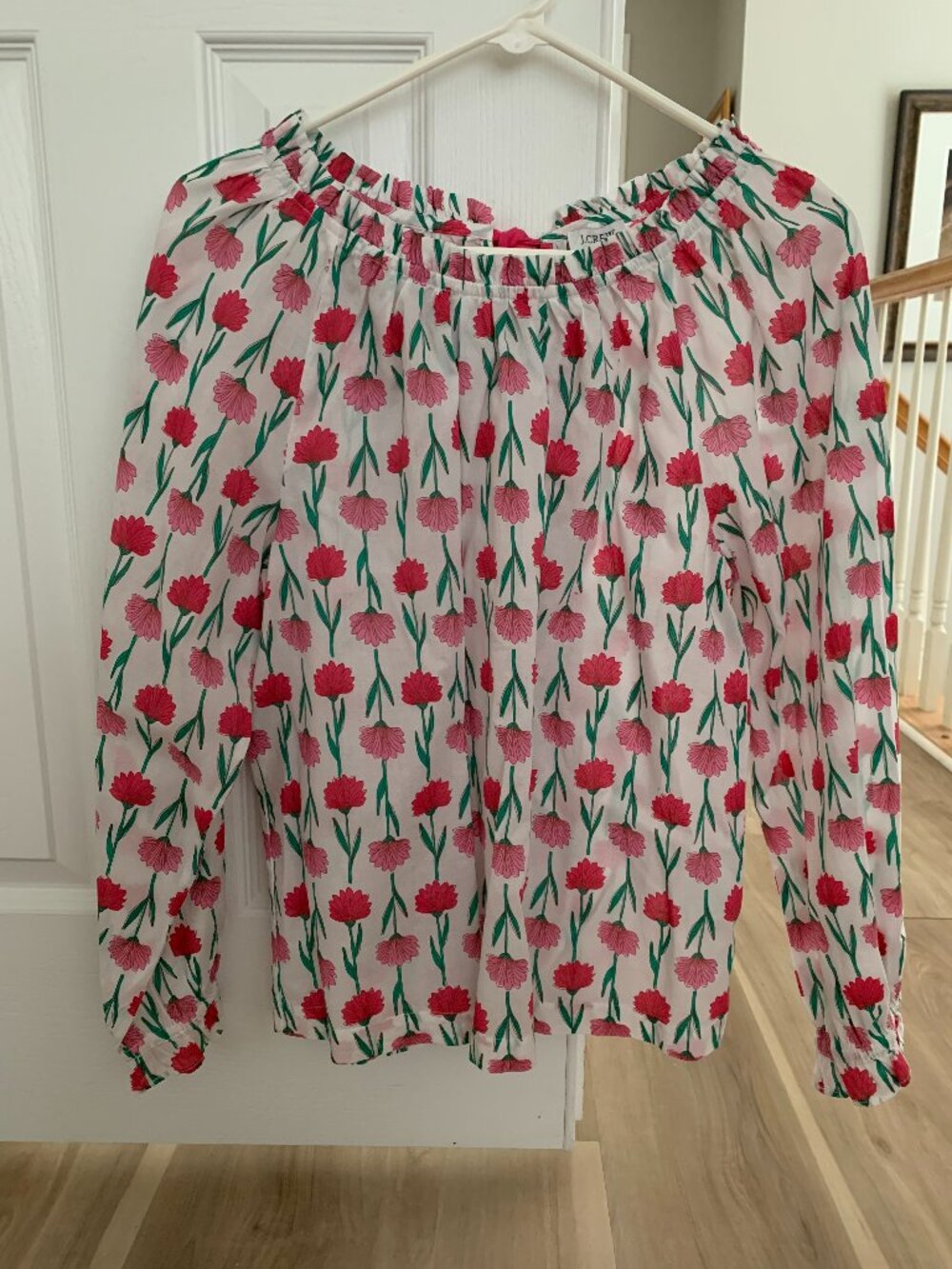 A J. Crew Tulip Print Blouse with a Tie Back and Gathered Sleeves, NWT, Size L